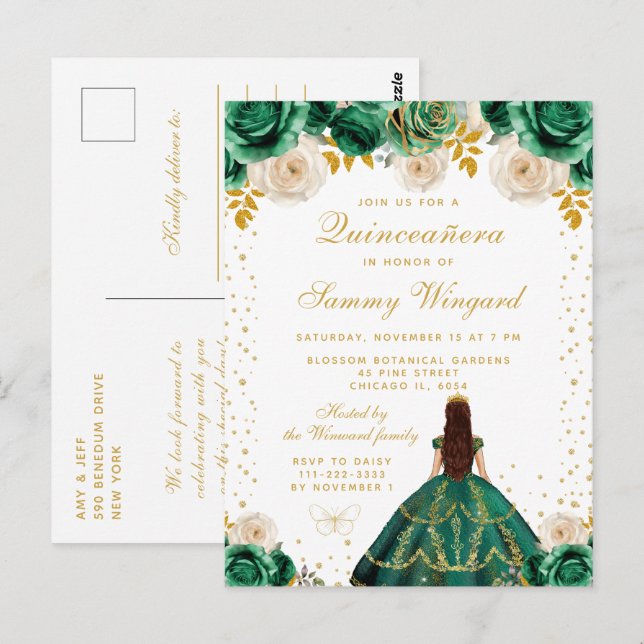Postal Quinceañera Princesa Floral Verde (Anverso / Reverso)