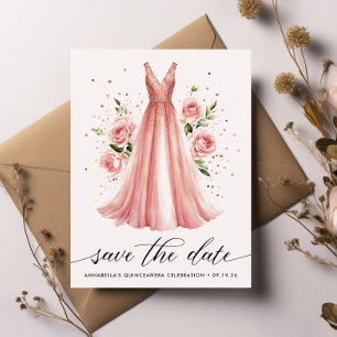 Postal Quinceañera Rosa Floral Vestido de Oro Guardar La 