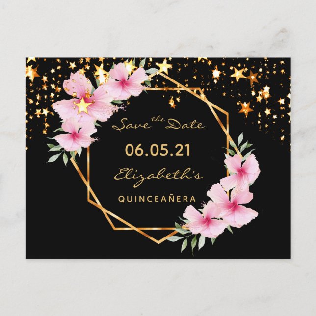 Postal Quinceanera Save the Date tropical gold estrella n (Anverso)