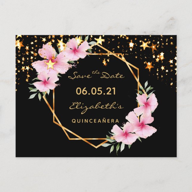 Postal Quinceanera Save the Date tropical gold estrella n (Anverso)