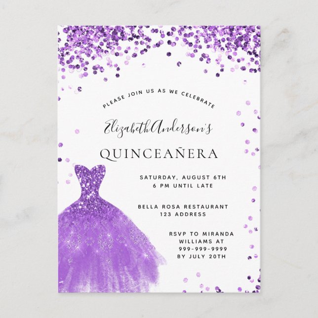 Postal Quinceanera vestido blanco violeta purpurina glam (Anverso)