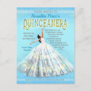 Postal Quinceanera Watercolor Vestido Royal Blue Gold Fan