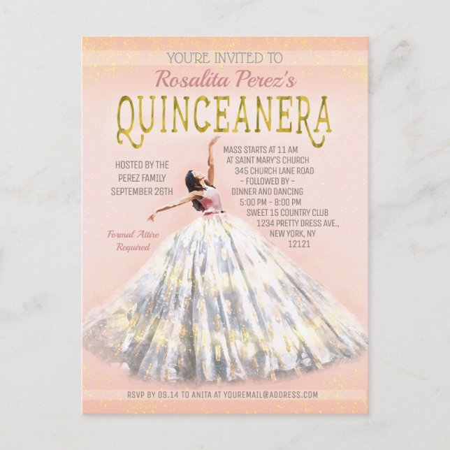 Postal Quinceanera Watercolor Vestido Rubor Oro Rosa (Anverso)
