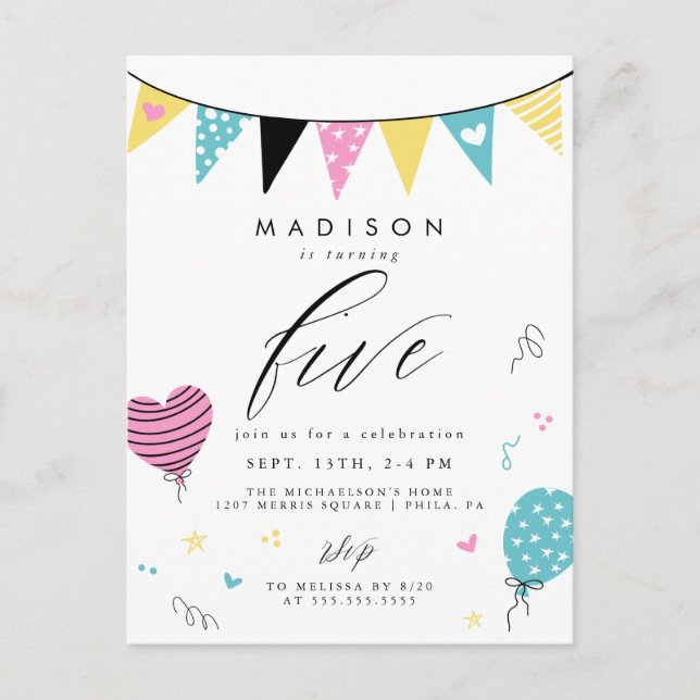 Postal Quinto cumpleaños | Fiesta de cumpleaños de Cute D (Anverso)