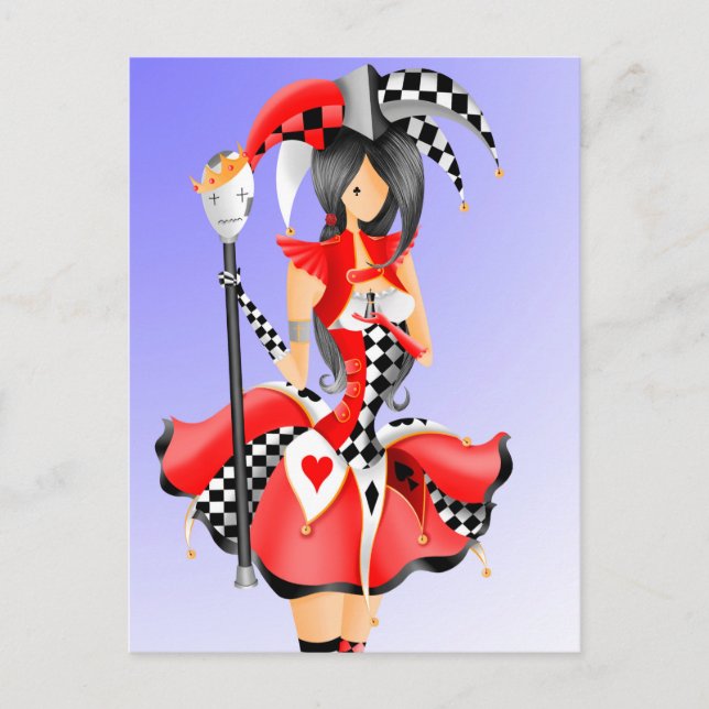 Postal Quirky Jester & Puppet King Red Postcard (Anverso)