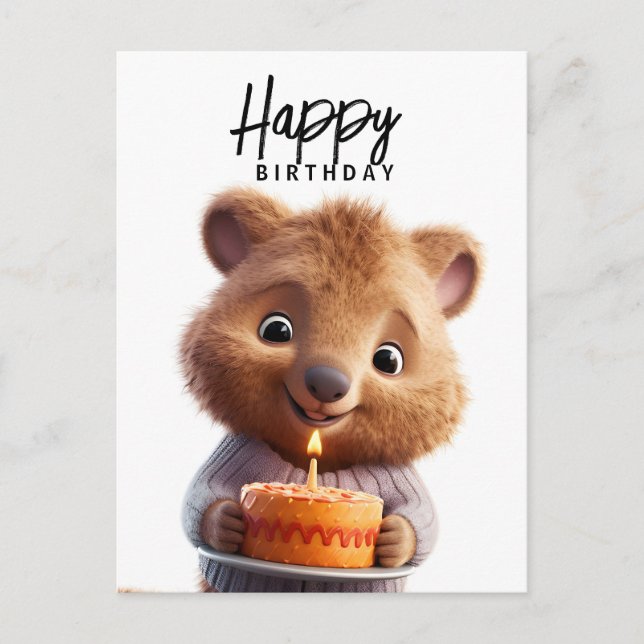 Postal Quokka lindo con torta de cumpleaños (Anverso)