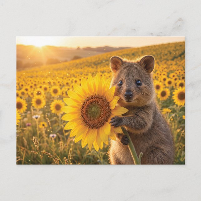 Postal Quokka Sonriente Sosteniendo un Girasol (Anverso)