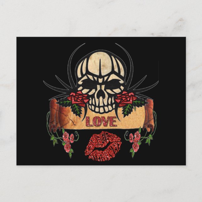 Postal RAB Rockabilly Cráneo Rosas Amor Lápiz Labial (Anverso)