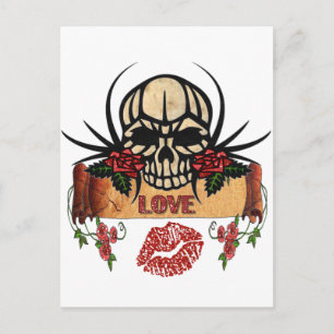 Postal RAB Rockabilly Cráneo Rosas Amor Lápiz Labial