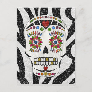 Postal RAB Rockabilly Sugar Skull en Estampado de Cebra
