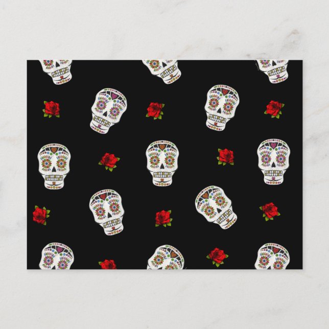 Postal RAB Rockabilly Sugar Skulls Rosas en negro (Anverso)