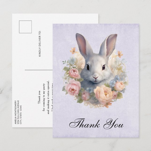Postal Rabbit Surrounded by Pastel Flowers Cute Thank You (Anverso / Reverso)