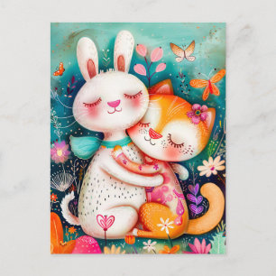 Postal Rabbit y Cat abrazándose entre sí con mariposas