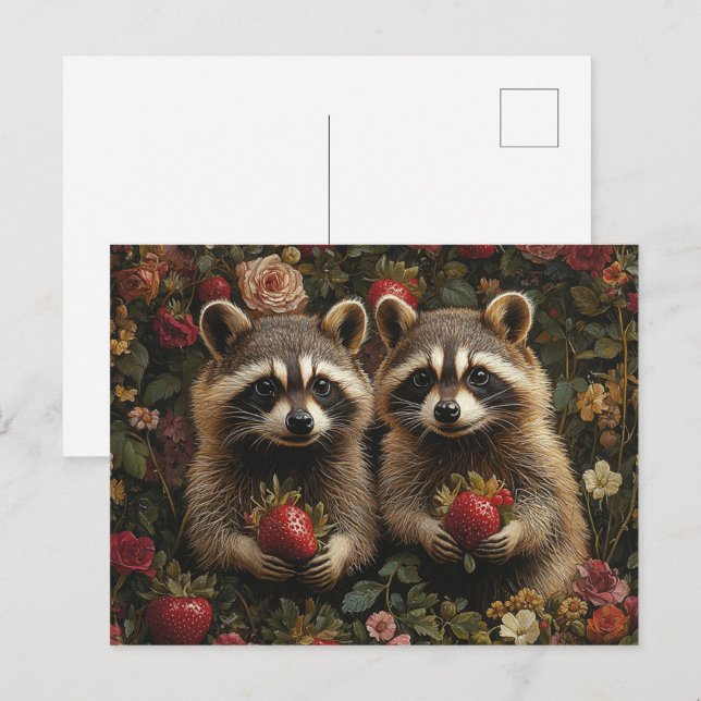 Postal Raccones Adorables Con Fresas (Anverso / Reverso)