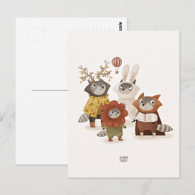 Postal Raccones de Alexandra Dikaia (Anverso / Reverso)