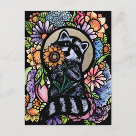 Postal Raccoon Art Flower Design con girasol