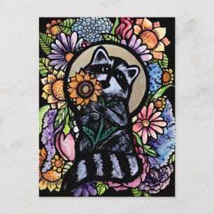 Postal Raccoon Art Flower Design con girasol