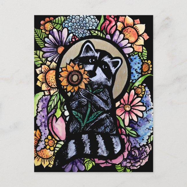 Postal Raccoon Art Flower Design con girasol (Anverso)