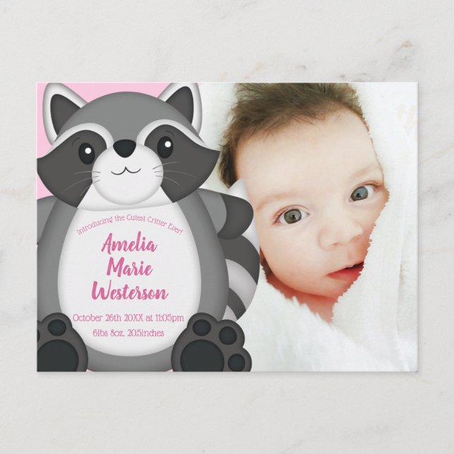 Postal Raccoon Baby Shower Pink (Anverso)