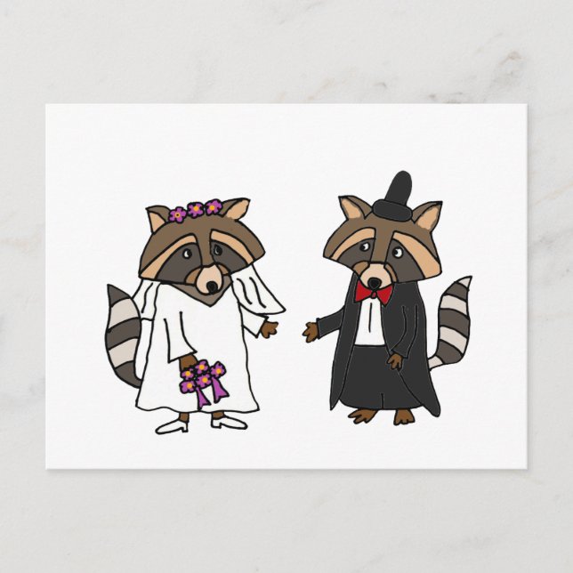 Postal Raccoon Bride divertida y Groom Boda Art (Anverso)