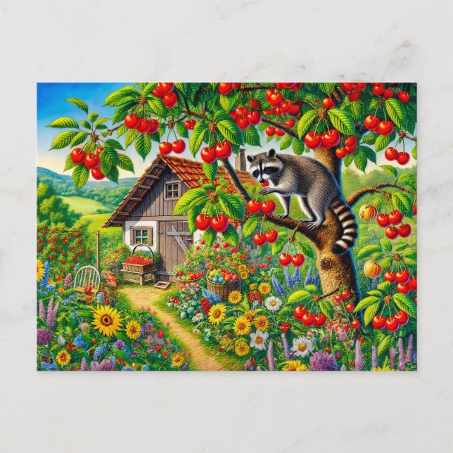Postal Raccoon comiendo cerezas en un viejo árbol de cere (Anverso)