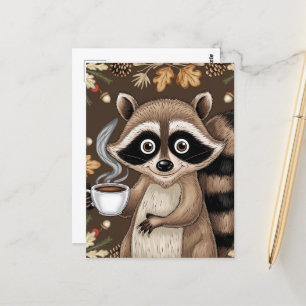 Postal Raccoon con café