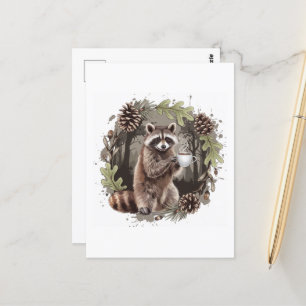 Postal Raccoon con un café