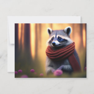 Postal Raccoon con una bufanda en el bosque