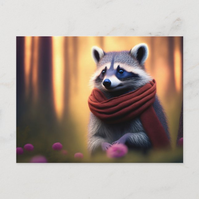 Postal Raccoon con una bufanda en el bosque (Anverso)