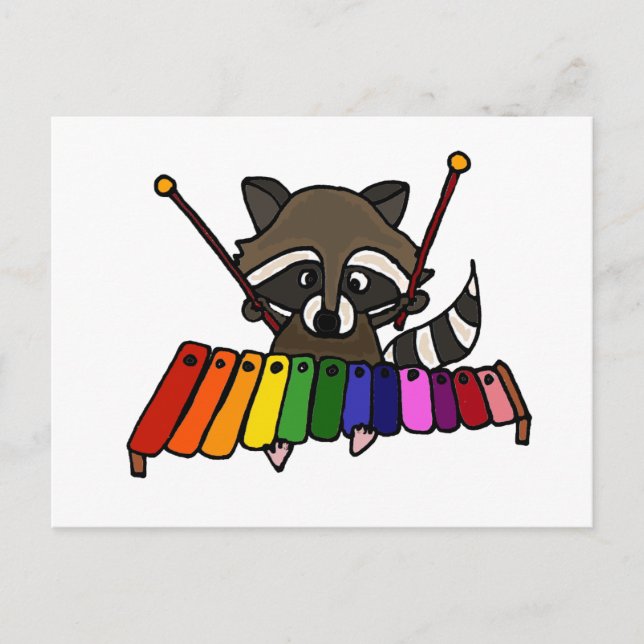 Postal Raccoon divertida jugando Xilófono colorido (Anverso)