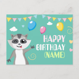Postal Raccoon divertido lindo con globos