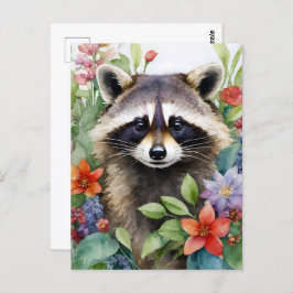 Postal Raccoon Floral Watercolor Art