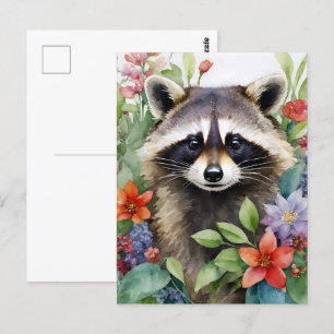 Postal Raccoon Floral Watercolor Art