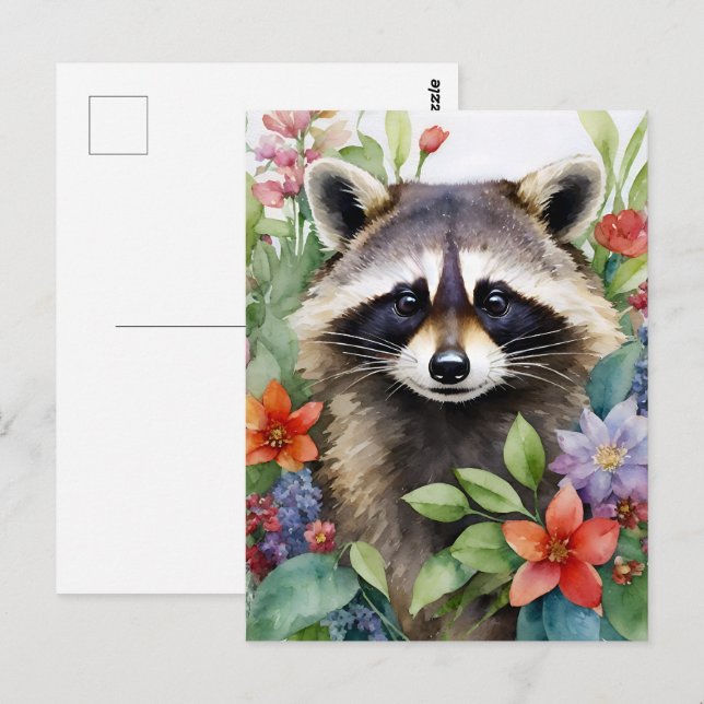 Postal Raccoon Floral Watercolor Art (Anverso / Reverso)