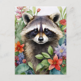 Postal Raccoon Floral Watercolor Art