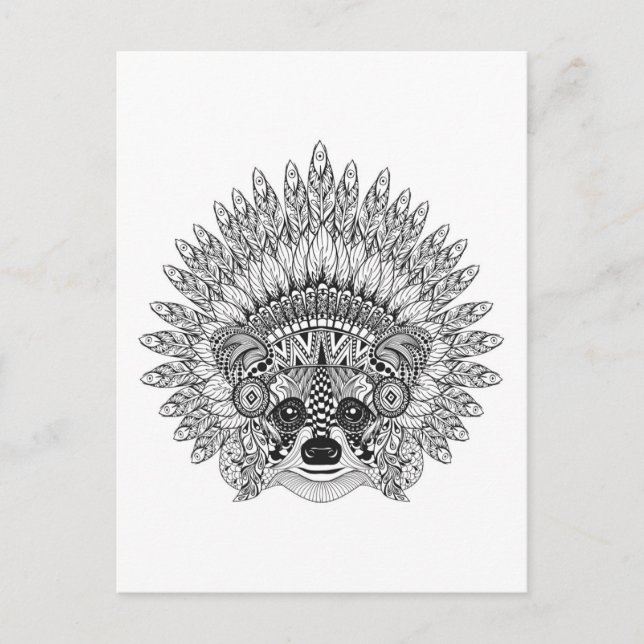 Postal Raccoon In Feathered War Bonnet Doodle (Anverso)