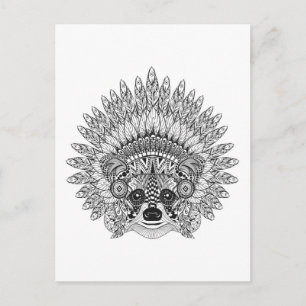 Postal Raccoon In Feathered War Bonnet Doodle