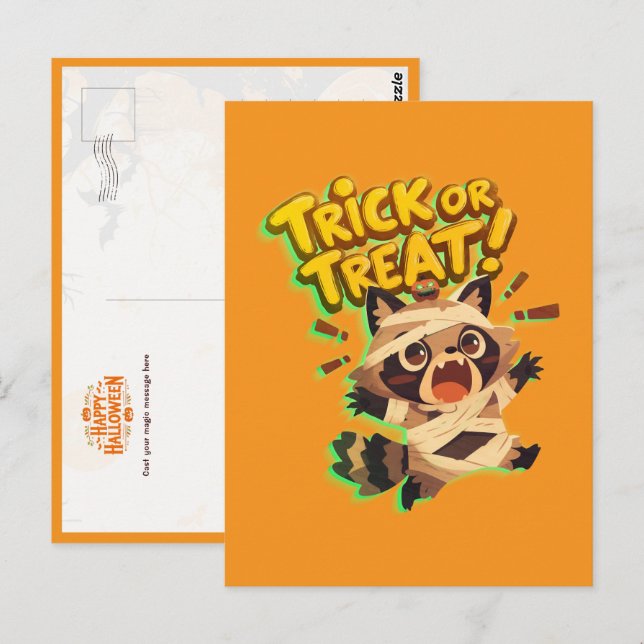 Postal Raccoon lindo con disfraz de momia con truco o tru (Anverso / Reverso)