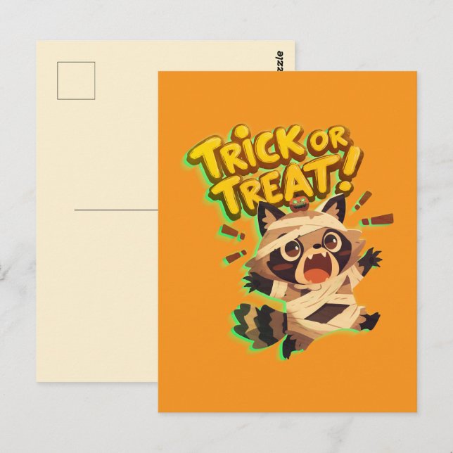Postal Raccoon lindo con disfraz de momia con truco o tru (Anverso / Reverso)