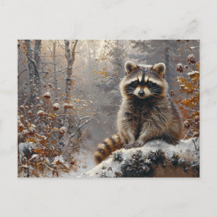 Postal Raccoon lindo durante pintura de aceite de inviern