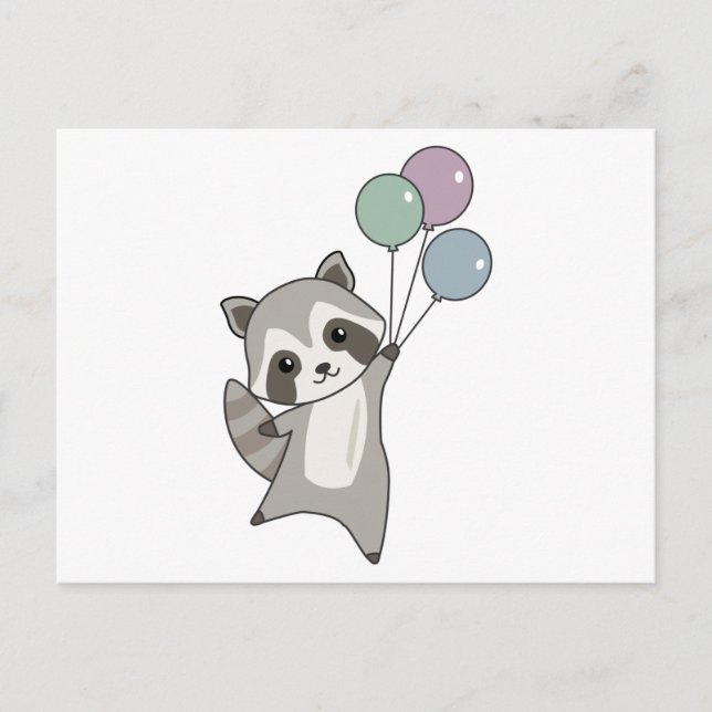 Postal Raccoon vuela globos sobre animales amables para n (Anverso)