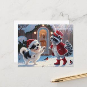 Postal Raccoon y Navidades festivos de perros adorables