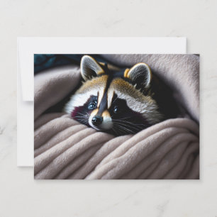 Postal Racoon lindo enclavado en una manta blanda