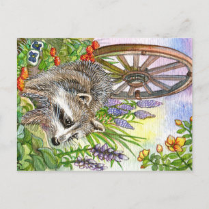 Postal Racoon Por Jardín De Flores