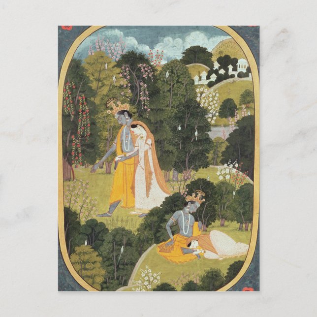 Postal Radha y Krishna que caminan en una arboleda (Anverso)