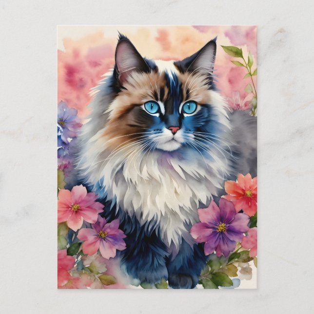 Postal Ragdoll Cat Floral Retrato artístico (Anverso)