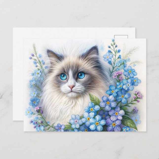 Postal Ragdoll Cat With Forget-Me-Nots (Anverso / Reverso)