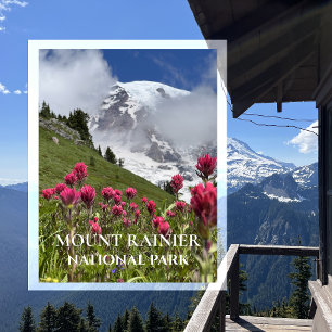 Postal Rainier del monte cubierto de nieve, pincel indio
