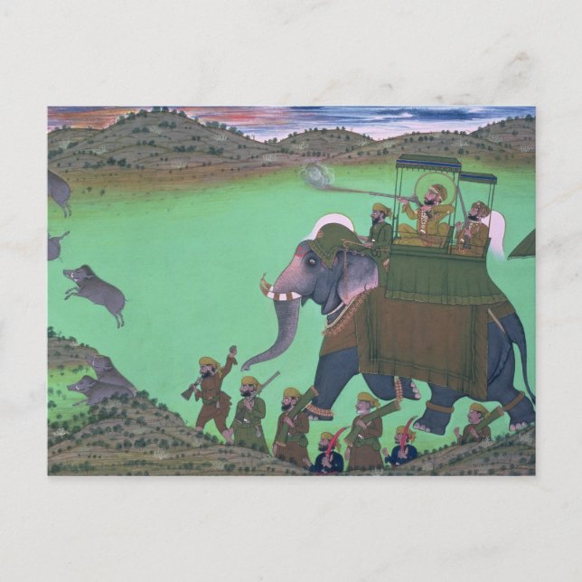 Postal Raja Sarup Singh de Udaipur, en una cacería de jab (Anverso)