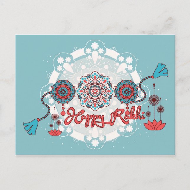 Postal Rakhi feliz, Raksha Bandhan, azul polvoriento (Anverso)